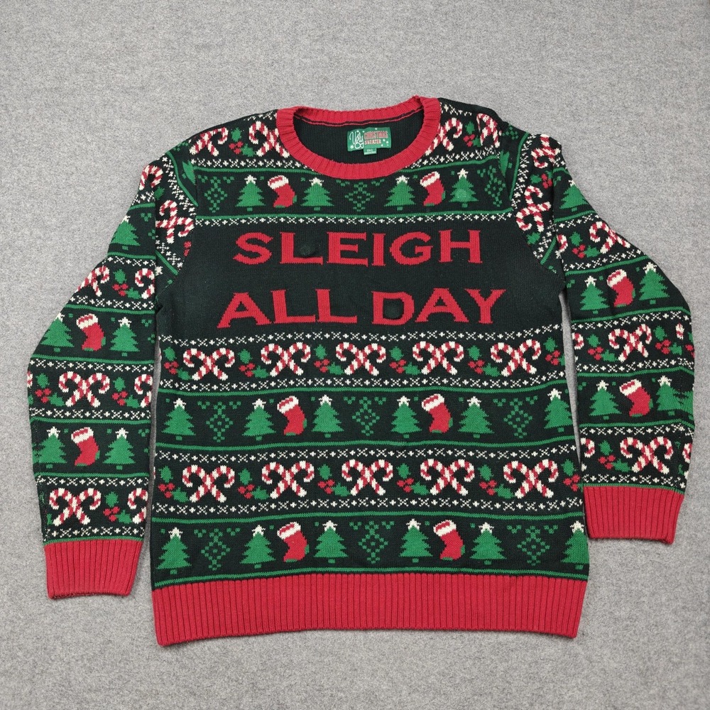 Ugly Christmas Sweater Mens XL Green Sleigh All Day Knit Pullover Holiday